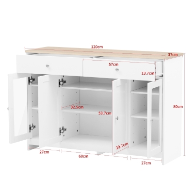 Sideboard in landhuisstijl, rustiek design en veel opbergruimte met 4 deuren en 2 laden, glazen inzet en verstelbare legplanken, MDF en spaanplaat met zilverkleurige grepen, eenvoudige montage, 120X37X80 cm, wit