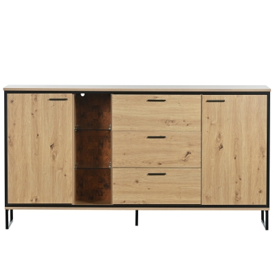 Sideboard 160 cm breit mit 3 Schubladen und 2 Türen, LED-Beleuchtung, großes Stauraum, Schwarz und Holzton