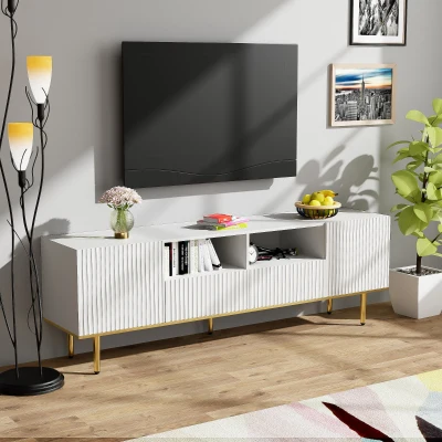 Meuble TV Moderne avec Pieds et Bords Dorés, Blanc
