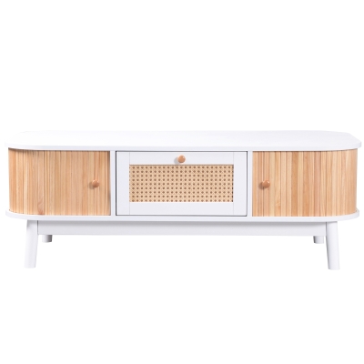 Couchtisch Rattan 110x55 cm, Rustikaler Design mit Schubladen - Ideal für Wohnzimmer und Terrasse, Holzfarbe und Weiß
