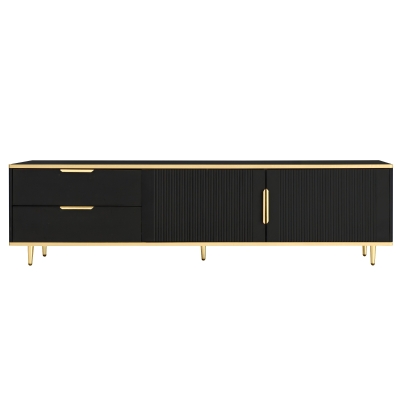 TV-Schrank mit geschnitzter Textur, vergoldeten Griffen und Marmorstruktur für elegantes Wohnzimmer, schwarz