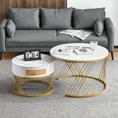 Ensemble de 2 Tables Basses Gigognes Modernes en MDF avec Finition Marbre et Tiroirs en Rotin Synthétique, Blanc