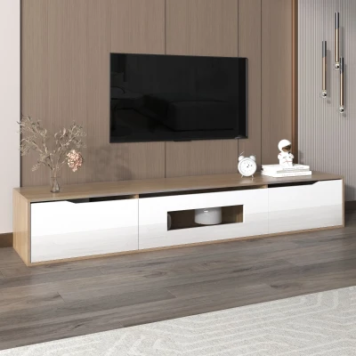 TV-Schrank 180cm Hochglanz mit LED-Beleuchtung 4 Lichtmodi und Wandmontage fürs Wohnzimmer Weiß und Holzfarbe