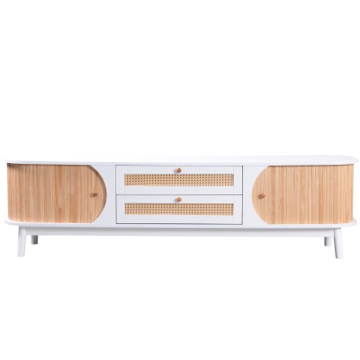 TV-Schrank im Landhausstil mit Rattanseiten, Türen und Schubladen aus Massivholz, Weiß