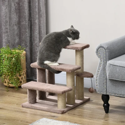 PawHut Drabinka dla Kotów z 3 Stopniami i Piłką, Do 5 kg, 45x40x48cm, Brązowa