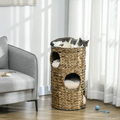 PawHut Kattentoren, Krabton met 3 Kattenholen, incl. Kussen, Ø40x73H cm, Donkerbruin