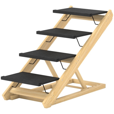 PawHut Hondentrap, Huisdierenramp, Hoogte Verstelbaar, Antislip, Opvouwbaar, 83x40x62,5 cm, Hout/Wit
