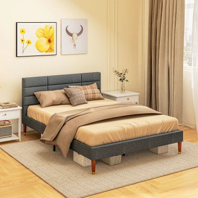 HOMCOM Cama 140x200 cm Estrutura de Cama com Cabeceira Estofada em Linho e Espaço de Armazenamento Debaixo da Cama Cinza