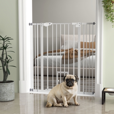 PawHut Barreira de Segurança para Cães com Porta Pequena Fechamento Automático e Sistema Duplo de Bloqueio 74-101x104,1 cm Branco