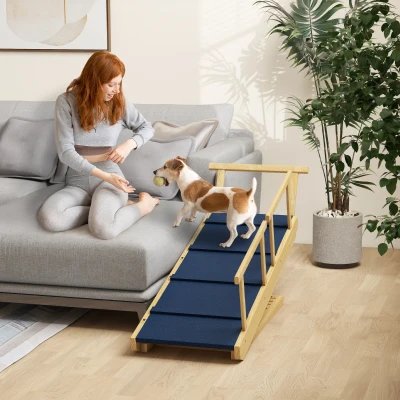PawHut Rampa dla psów, regulowana wysokość, składana, poręcze, dla psów do 40kg, ramka z drewna, 85 x 40 x 78,5 cm, Czarny