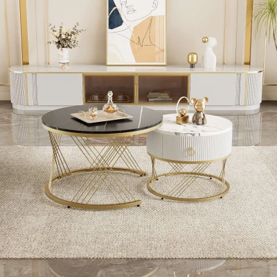 Set di 2 Tavolini da Salotto Moderni Modulari in Marmo Sintetico con Dettagli Dorati e Cassetti, Nero