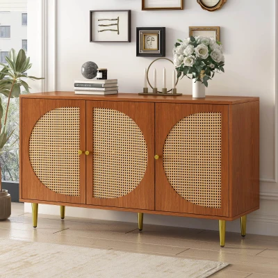 Set Mobilă de Living din Ratan cu Comodă Modernă cu Trei Uși și Dulap pentru Pantofi cu Două Uși Glisante,Culoare nuc