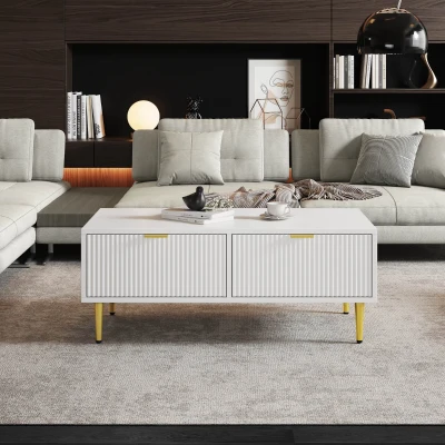 Tavolino da Salotto Moderno con 2 Cassetti e Design a Righe Verticali, Bianco+Oro