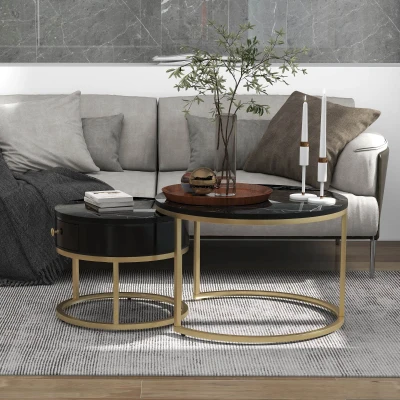 Set di 2 Tavolini da Salotto Moderni Annidati con Effetto Marmo Lucido, Nero
