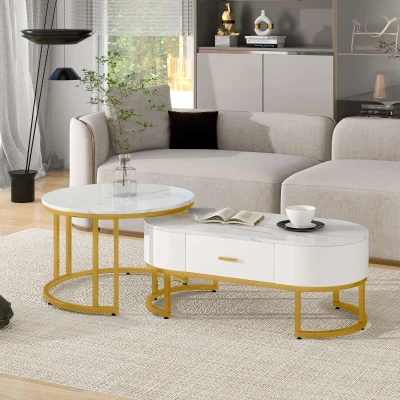 Set di 2 Tavolini da Salotto Moderni con Struttura in Metallo Dorato e Ripiani Spaziosi, Bianco