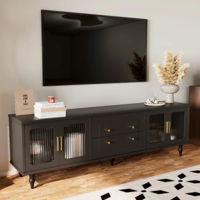 Mobile Porta TV in Stile Retro con Maniglie Dorate, Nero