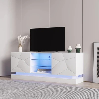 Mobiletto Porta TV Moderno Lucido con Mensola in Vetro Regolabile e Cerniere Silenziose, Bianco
