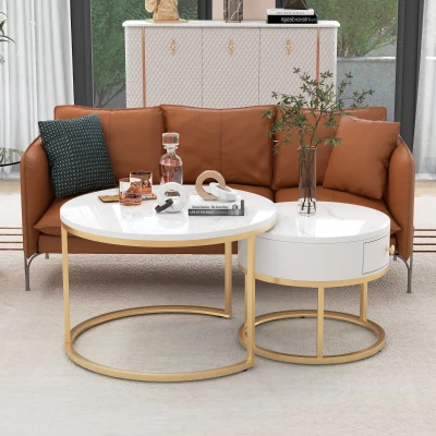 Set 2 Tavolini da Salotto Moderni Annidati con Effetto Marmo Lucido, Bianco