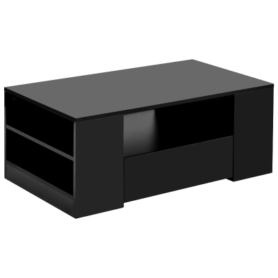 Couchtisch mit 2 Schubladen und 2 Regalen, LED-Beleuchtung, 95 x 53 x 37 cm, Schwarz