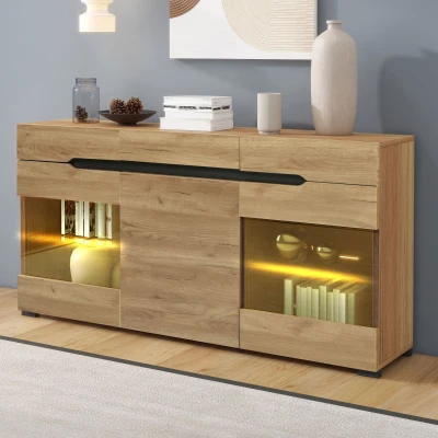 Bufet Modern cu LED pentru Living și Bucătărie,Stejar