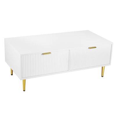 Tavolino da Salotto Moderno con 2 Cassetti e Design a Righe Verticali, Bianco+Oro