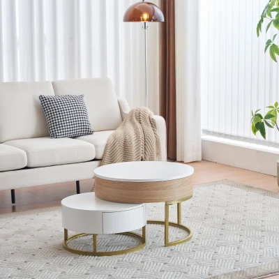 Set di Tavolini da Salotto Sovrapponibili Regolabili in Altezza con Due Cassetti, Bianco