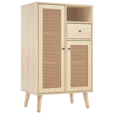 Sideboard mit 2 Rattantüren und 1 Schublade, Eckschrank mit großem Stauraum, 60 x 40 x 101 cm, Naturfarbe