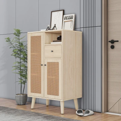 Credenza Moderna in Stile con 2 Ante in Rattan e 1 Cassetto, Colore naturale