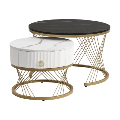 Set di 2 Tavolini da Salotto Moderni Modulari in Marmo Sintetico con Dettagli Dorati e Cassetti, Nero