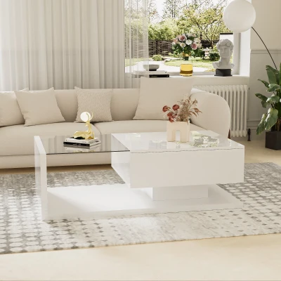 Tavolino da Salotto Moderno con Ripiano in Vetro e Effetti LED, Bianco