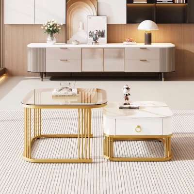 Set di Tavolini da Salotto Impilabili in Marmo Lucido e Vetro con Dettagli Dorati e Cassetti, Bianco