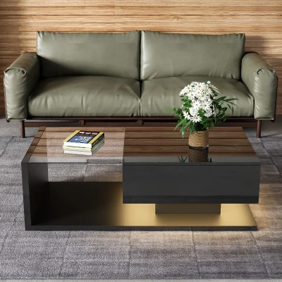 Tavolino da Salotto Moderno con Ripiano in Vetro e Effetti LED, Nero