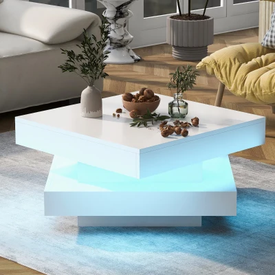 Tavolino da Salotto Moderno Quadrato Lucido con Piatto Rotante a 360° e Illuminazione LED a 16 Colori, Bianco