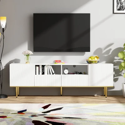 Mobiletto Porta TV Moderno con Piedini e Bordi Dorati, Bianco