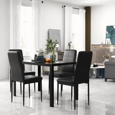 HOMCOM Conjunto de Refeição com Mesa Retangular de Vidro Temperado e 4 Cadeiras Estofadas em PU com Pés de Metal Preto