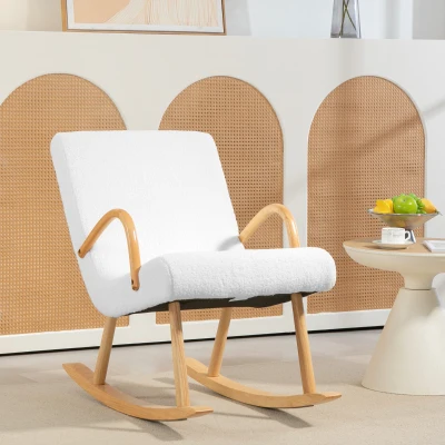 HOMCOM Poltrona Baloiço Moderna Estofada em Lã com Apoio para os Braços e Pés de Madeira 60x93x86 cm Branco e Madeira