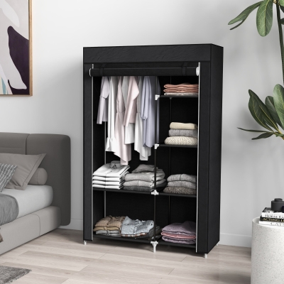 HOMCOM Roupeiro de Tecido Dobrável com 6 Prateleiras e 1 Barra de Pendurar para Dormitório Vestidor 103x43x162,5 cm Preto