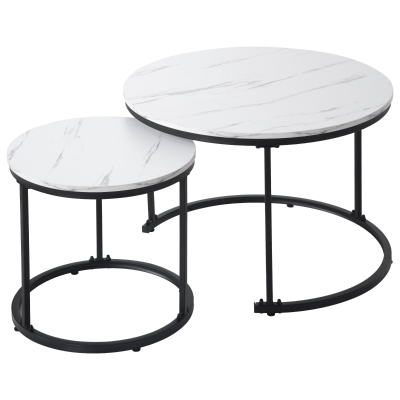 Set de 2 Măsuțe de Cafea Moderne Rotunde Suprapozabile din MDF cu Structură din Metal,culoare marmură