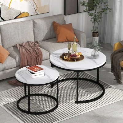 Set di 2 Tavolini da Salotto Moderni Rotondi Impilabili in MDF con Struttura in Metallo, colore marmo