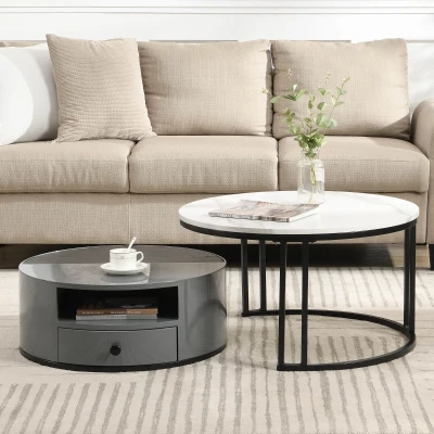 Set di Tavolini da Salotto Moderno Incastro in Stile Marmo PVC con Design Elegante e Spazio di Stoccaggio, Grigio