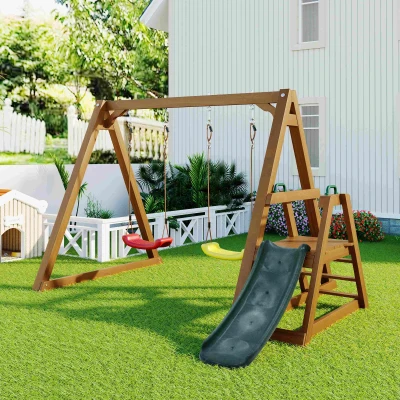 Altalena Doppia per Bambini in Legno Massiccio con Scivolo da Giardino e Scala da Arrampicata, Naturale