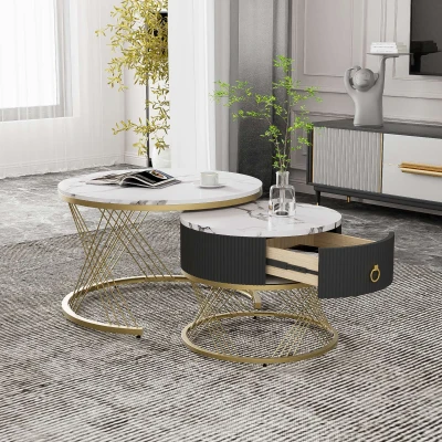 Set di 2 Tavolini da Salotto Moderni Modulari in Marmo Sintetico con Dettagli Dorati e Cassetti, Bianco