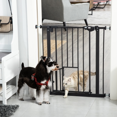 PawHut Barreira de Segurança para Animais de Estimação 74-80cm com Porta com Fechamento Automático e Sistema de Duplo Bloqueio Altura 76,2cm Preto