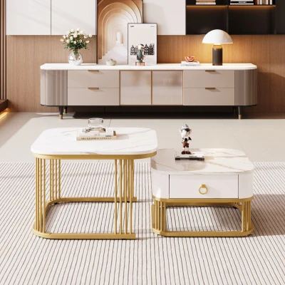 Set di Tavolini da Salotto Impilabili in Marmo Lucido con Dettagli Dorati e Cassetti, Bianco
