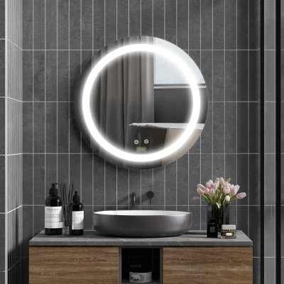 kleankin LED-Badkamerspiegel, rond, anti-condens, Touch-bediening, Ø50x4,6cm, Zilver