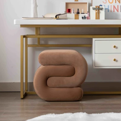 Velvet Ottoman Pouffe Stool with S-Shape Wavy Design, Coffee