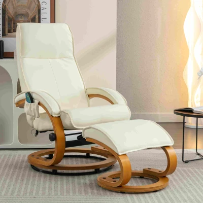 PU Leather Electric Recliner Armchair with 5 Point Massage and Ottoman Footstool, Beige