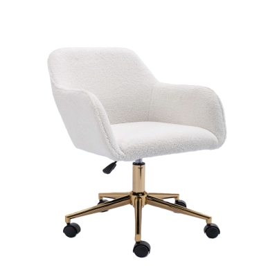 Adjustable Height Swivel Executive Office Chair with Gold Legs, White Teddy