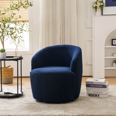 Teddy Fabric Swivel Armchair with Ergonomic Backrest, Dark Blue