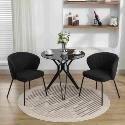2 Pack Modern Boucle Chairs with Powder Coated Metal Legs, Black